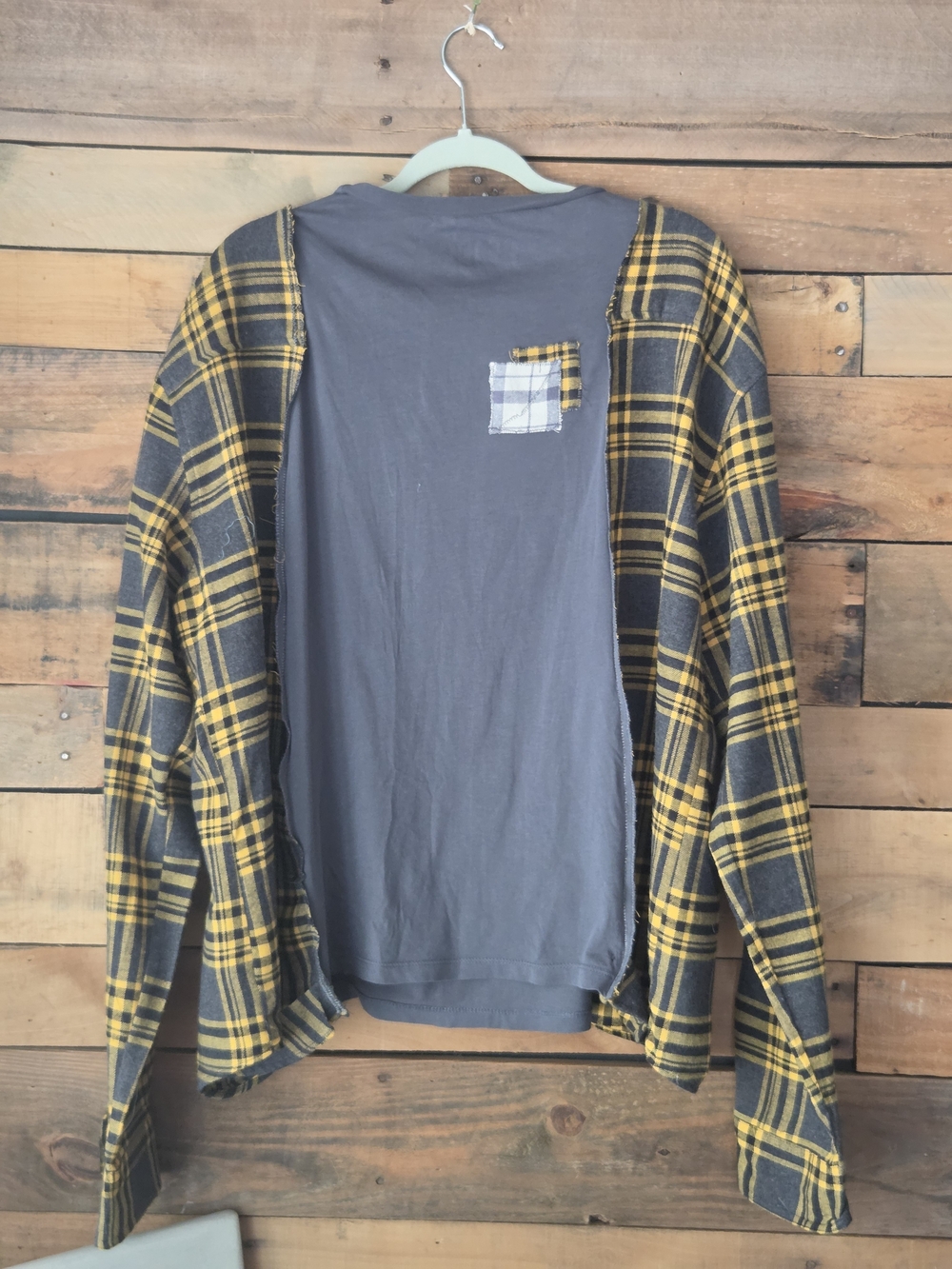 Upcycled AC/DC  High Voltage Grey Graphic Tee with Yellow Plaid Sleeves. - Picture 12 of 12